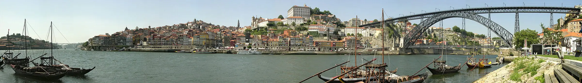 Porto's Ribeira waterfront and the Dom Luis I bridge over the Douro, with rabelo boats